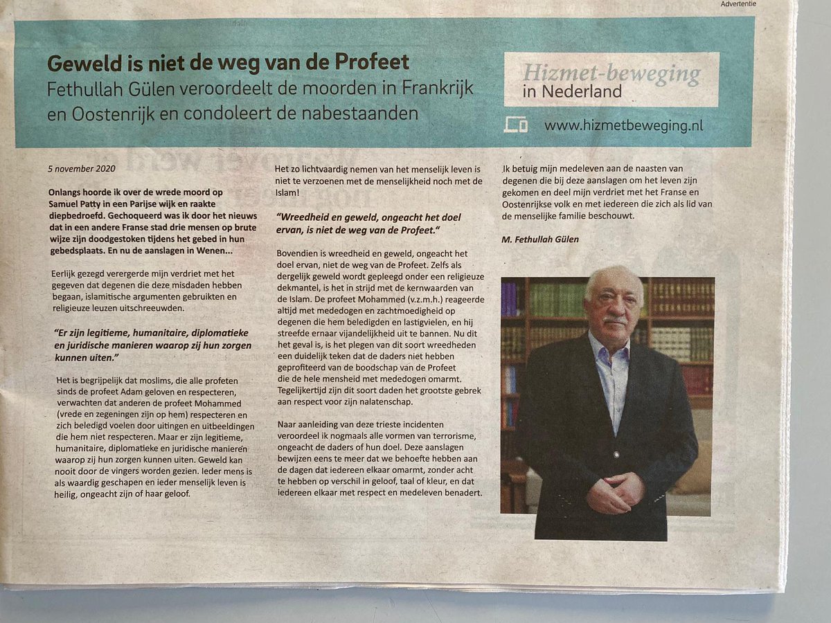 Hizmetbeweging's tweet photo. "Geweld is niet de weg van onze Profeet" zegt Fethullah Gülen vandaag in de NRC. 

Gülen veroordeelt de terreuraanslagen in Frankrijk en Wenen. Ook staat hij stil bij wat moslims kunnen doen wanneer onze Profeet ﷺ wordt beledigd. 

Een zéér belangrijke &amp; broodnodige boodschap! https://t.co/70oVxwUqgJ