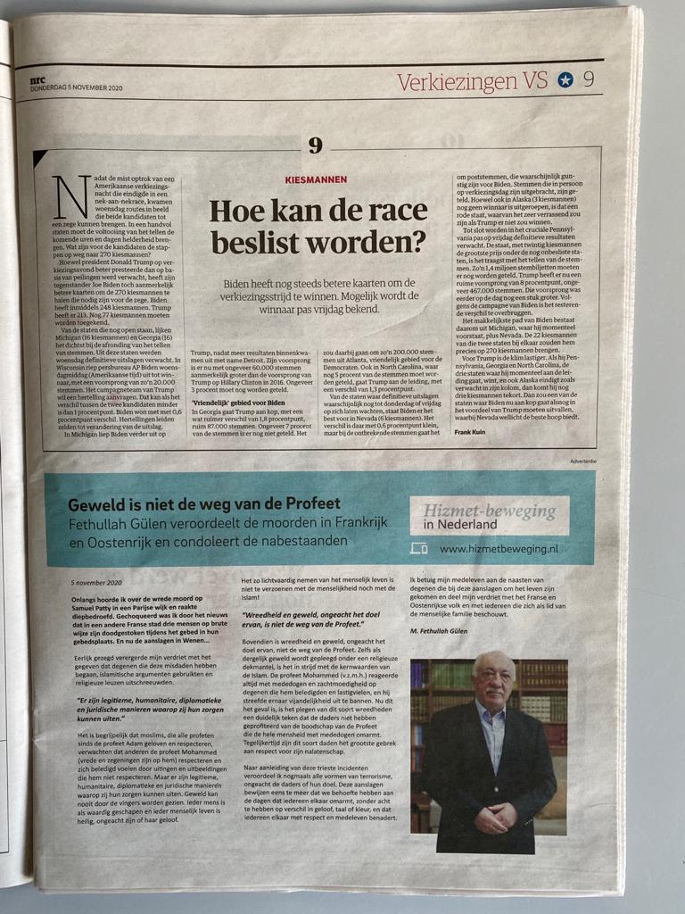 Hizmetbeweging's tweet photo. "Geweld is niet de weg van onze Profeet" zegt Fethullah Gülen vandaag in de NRC. 

Gülen veroordeelt de terreuraanslagen in Frankrijk en Wenen. Ook staat hij stil bij wat moslims kunnen doen wanneer onze Profeet ﷺ wordt beledigd. 

Een zéér belangrijke &amp; broodnodige boodschap! https://t.co/70oVxwUqgJ