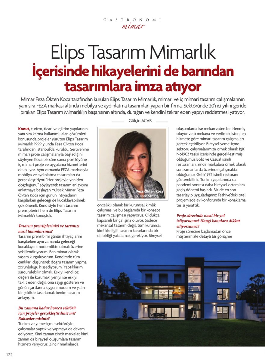 elips_tasarim's tweet photo. Kurucumuz Feza Ökten Koca'nın röportajı Gastronomi Dergisi'nin Kasım 2020 sayısında yer aldı!

#architecture #mimarlik #design #tasarım #interior #interiordesign #icmimarlik #hoteldesign #tourism #turizm #hotels #pandemic #covid19 #interview #röportaj https://t.co/Rck7fV0RCw