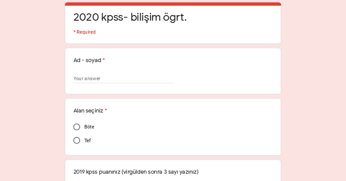 2020 KPSS branş bazında sıralamalar açıklandı..

GÜNCEL
Sıralamasına bakan hocalarımız bu formu dolduralım. Dolduranlar +1

forms.gle/8KRo11oUjLnd4y…

Doğru veriyi girmek sıralamamızı öğrenmek için herkesin formu eksiksiz doldurmasını rica ederiz