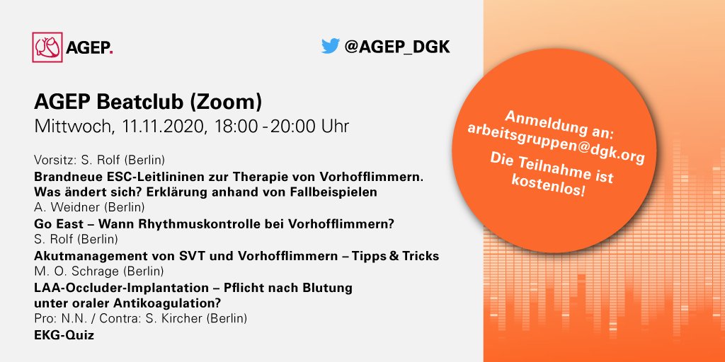 DGK_org's tweet photo. Beim @AGEP_DGK Beatclub werden praxisrelevante
Themenkomplexe der Elektrophysiologie in Form
von Kurzvorträgen und praktischen Fallbeispielen
diskutiert. Achtung: Diesmal findet die Veranstaltung per Zoom statt. Weitere Infos: https://t.co/cab88gE3SC https://t.co/Yr0BN2raR1