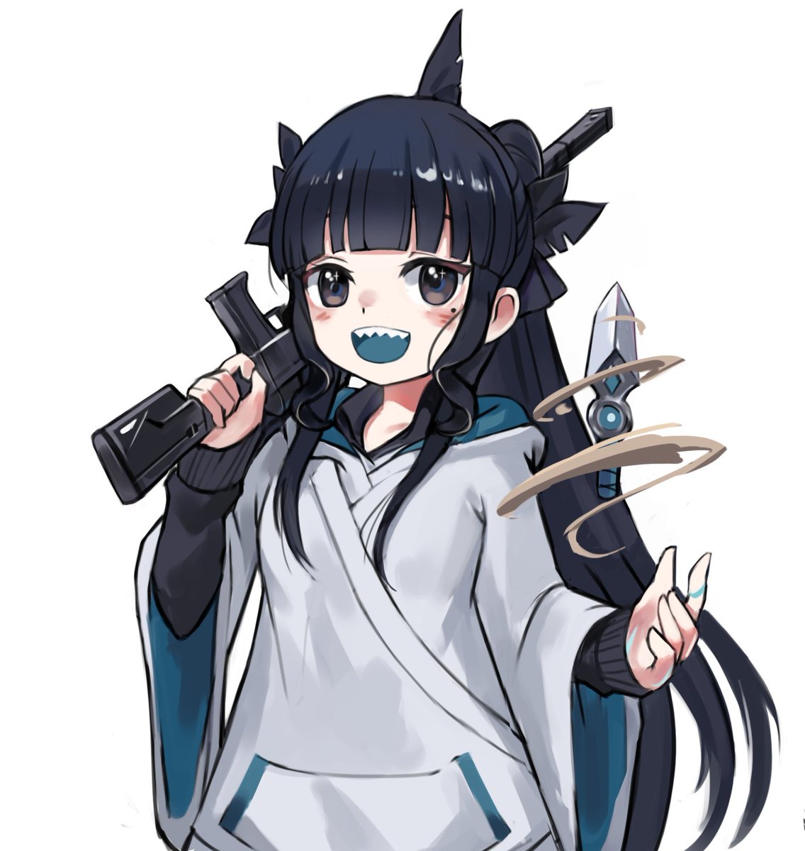 1girl sharp teeth black hair holding solo weapon teeth  illustration images