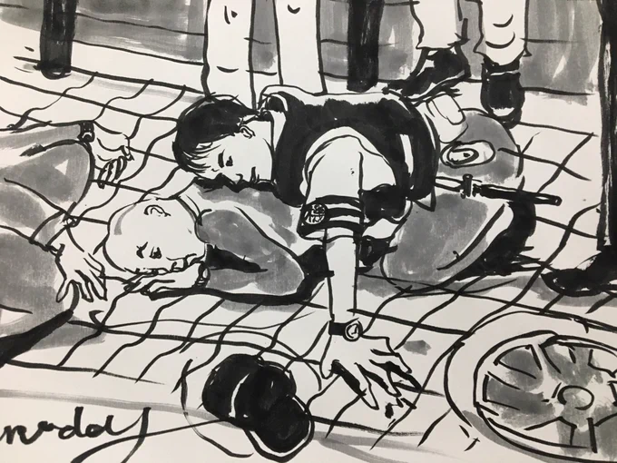 今日の10分昼休みスケッチは狙撃犯を確保する警官です。お巡りさんはいつも恐怖心等は何処に置いて来ているんだろうかと思います。
たまに社会派みたいなの描きたくなります。あくまでこの絵はフィクションです。 