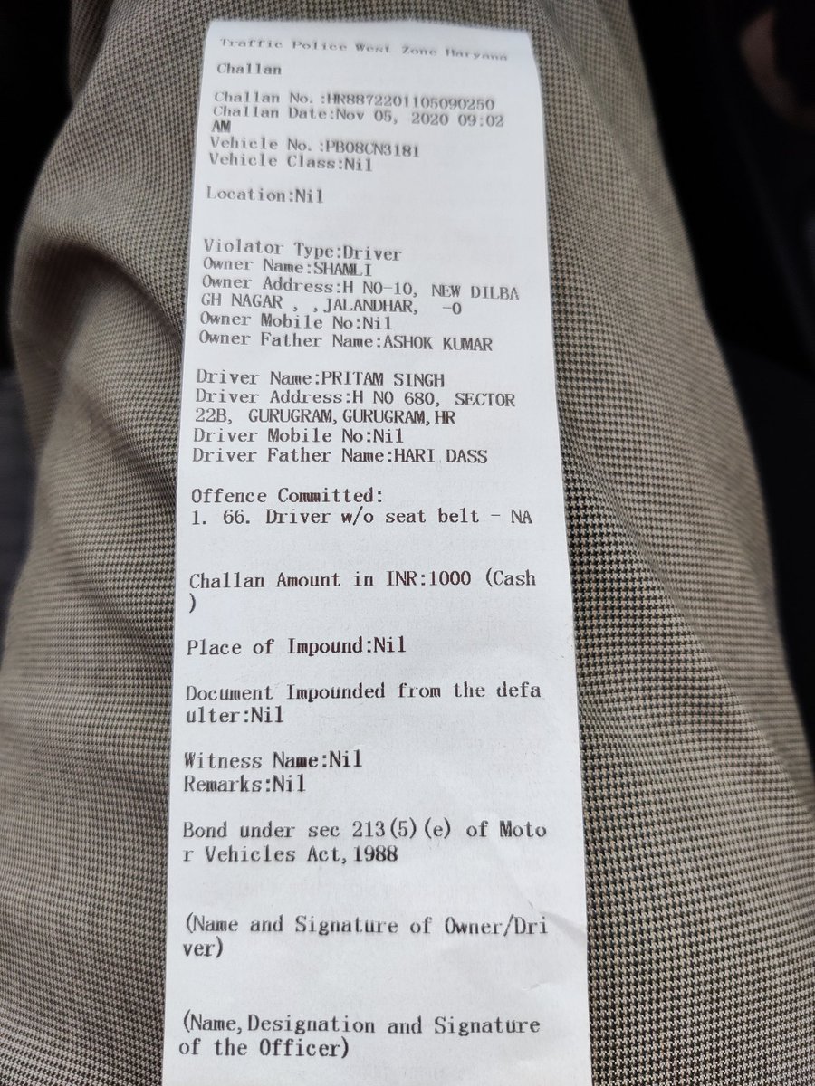 anandkajla's tweet photo. @gurgaonpolice  challan by traffic police inspite of driver wearing seat belt. All papers were ok. Driver was my father aged 63 years and a heart patient. When asking abt the issue, Traffic person threatened for suspension of license for 3 months and go to court. https://t.co/biO8FIgf6F
