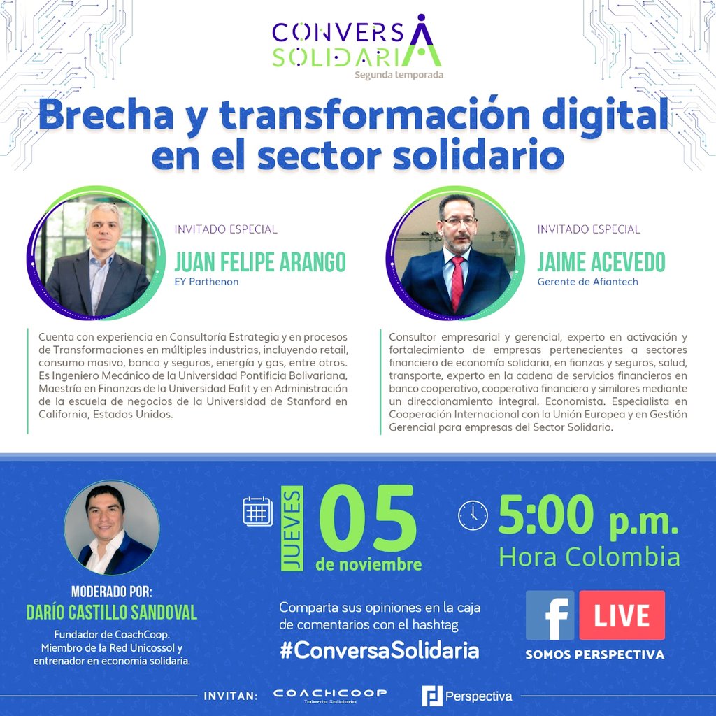 dario7castillo's tweet photo. Brecha y transformación digital en el sector solidario.
Nuestro cuarto episodio de la segunda temporada de la #ConversaSolidaria con dos grandes en su tema: Juan Arango de la prestigiosa firma #EY y Jaime Acevedo gerente de #Afiantech de @Afiancol.
La tecnología como aliada. https://t.co/2qaWIn4QyW