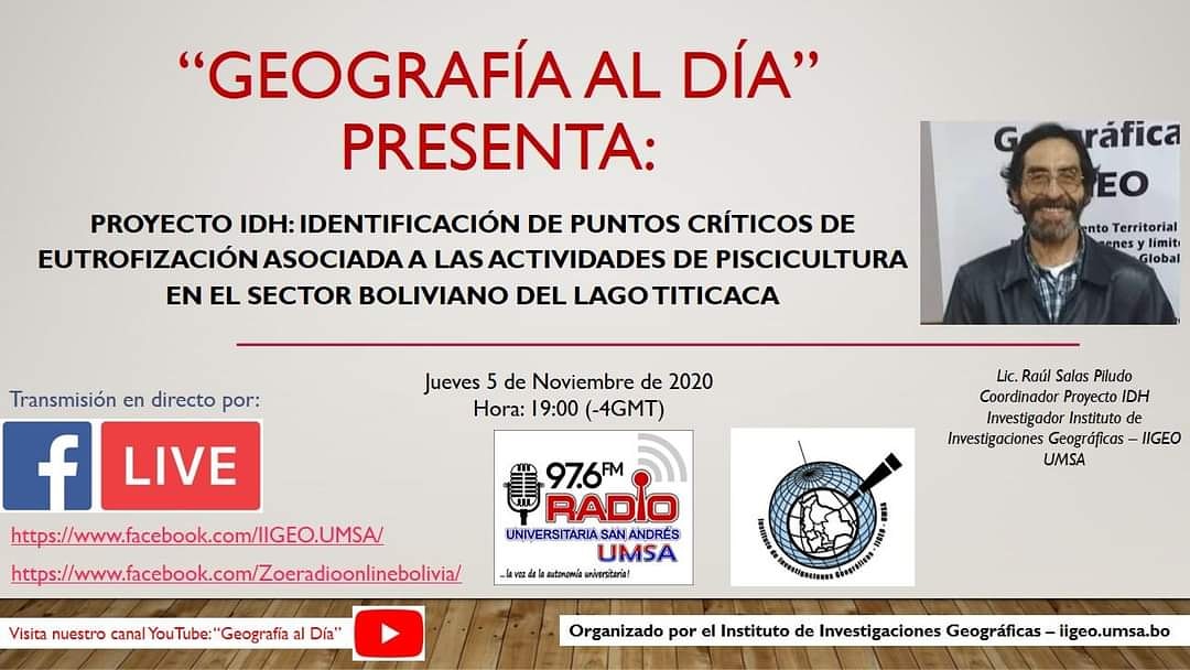 IIGEO_UMSA's tweet photo. Geografía al día presenta: Identificación de puntos críticos de eutrofización asociada a las actividades de piscicultura en el sector boliviano del lago Titicaca, coordinado por el Lic.Raúl Salas, investigador del IIGEO, de la Universidad Mayor de San Andrés - UMSA. Hoy jueves https://t.co/E6i4R7foVm