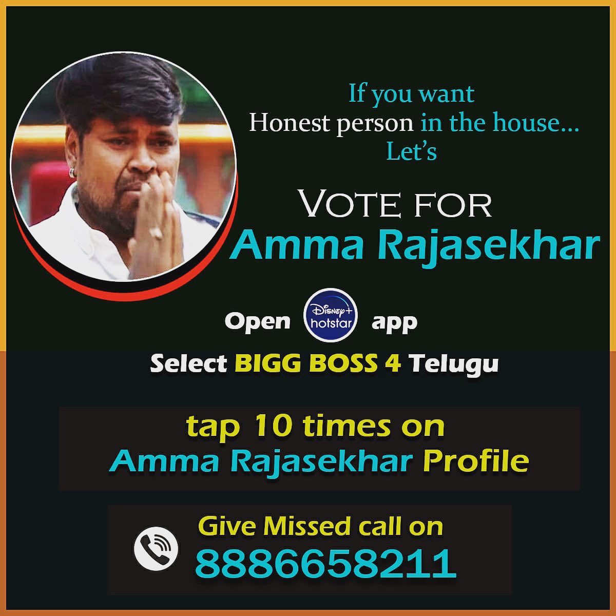 ammarajshekar's tweet photo. If uou want to #HonestPerson n the house with out mask
support @ammarajashekarofficial Master
Vote him...
Give 10 Miss calls to 8886658211 (10 Miss Calls / Day)
10 Votes in Disney Hotstar / Day
#ammarajasekhar #ammarajshekar #ammarajashekar #biggbosstelugu4 #starmaa #nagarjuna https://t.co/wyilclgB8U
