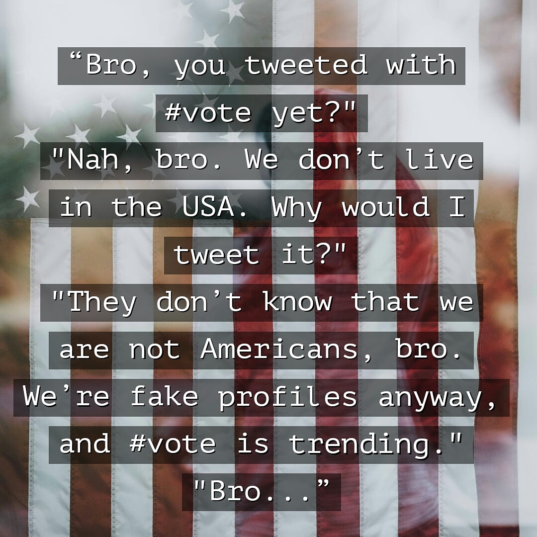_trinoculars's tweet photo. Bro got no chill! 

#USElection2020 #USElections #Vote2020 #Writer #writerslift #tinytales #vss365 #vote #Elections2020 #ElectionResults2020 #TrumpvsBiden #Biden #Trump #bro #AmericaVotes2020 #chillsoutnow https://t.co/oCdWuqz4Pq