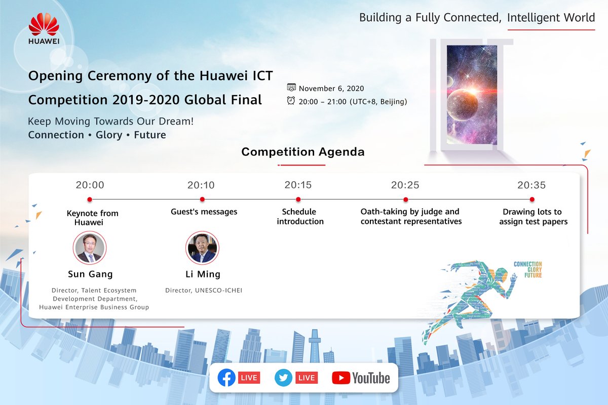 HWCertification's tweet photo. Tune in to watch the #Huawei #ICTCompetition 2019-2010's opening ceremony on Friday, November 6 at 20:00-21:00 (UTC+8)
https://t.co/TTQXA0FP1O https://t.co/oH7Tun49MG