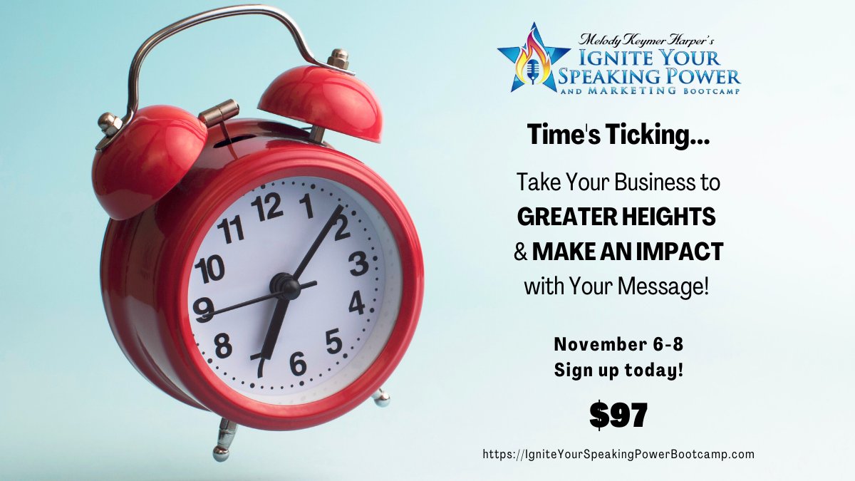 melodykharper's tweet photo. Don't miss the opportunity to attend my VIRTUAL Ignite Your Speaking Power &amp; Marketing Bootcamp November 6-8! It's time to take your business to greater heights and make an impact with your message! Sign up today: https://t.co/nNNOqX7pzU
#igniteyourspeakingpower #speakerlife https://t.co/v1DZAxBWRf