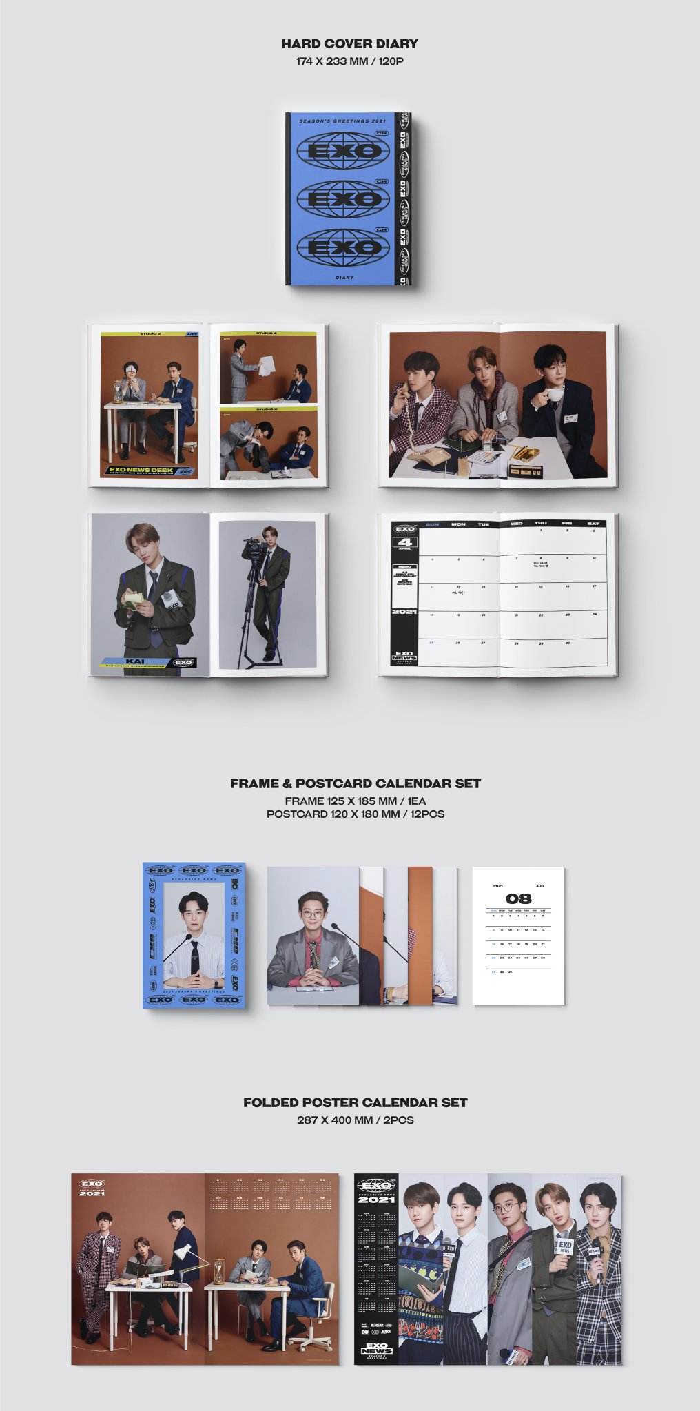 Exo 21 Sm Artist Season S Greetings Exo 구성 안내 1 Package 2 Desk Calendar 3 Hard Cover Diary 4 Frame Postcard Calendar Set 5 Folded Poster Calendar Set 6