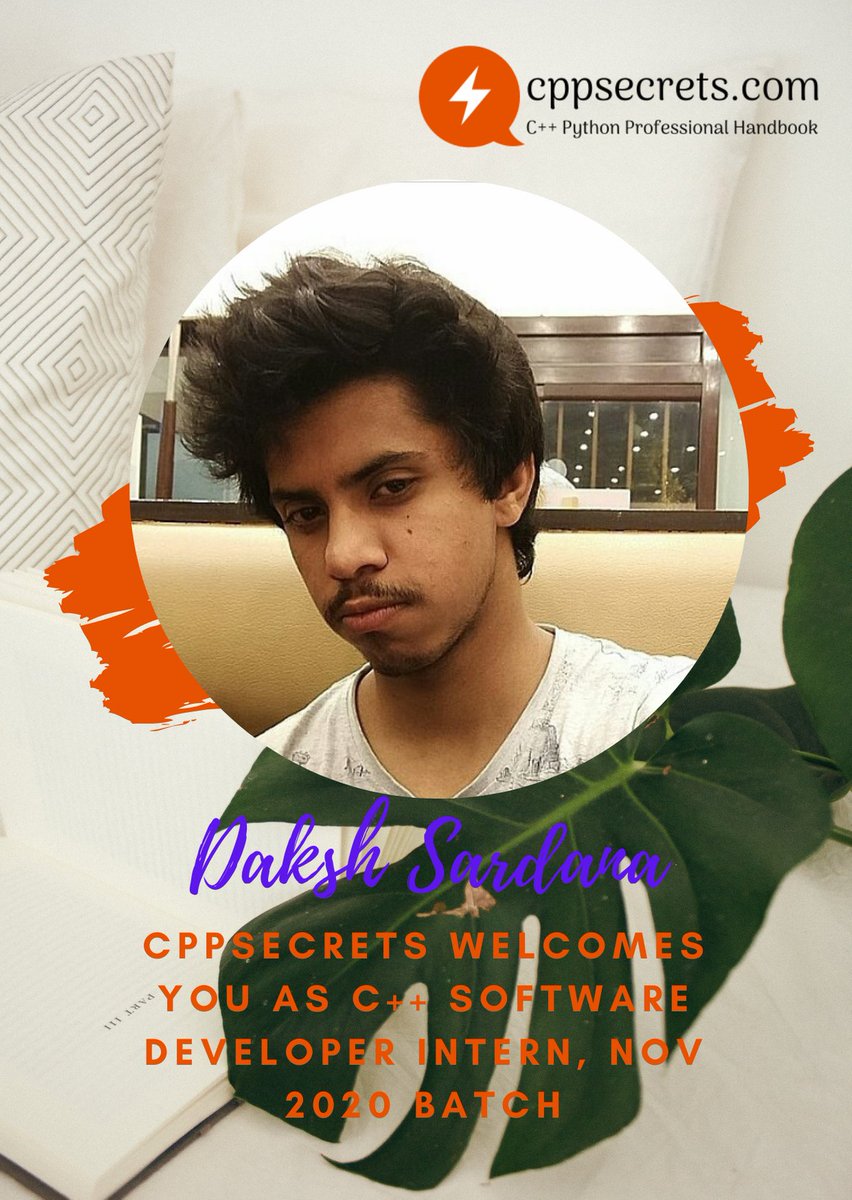 cppsecrets's tweet photo. Welcome Onboard Daksh Sardana as C++ Software Developer Intern, Nov 2020 Batch at https://t.co/AYY7OdJnwe

#pythoncode #pythonlearning #django #python3 #cppsecrets #programmer #100DaysOfCplusplus #100DaysOfCode #100DaysOfMLCode  #allaboutpython #pythonwaale #CBIT #JUET https://t.co/Ov2b9Q9QpT