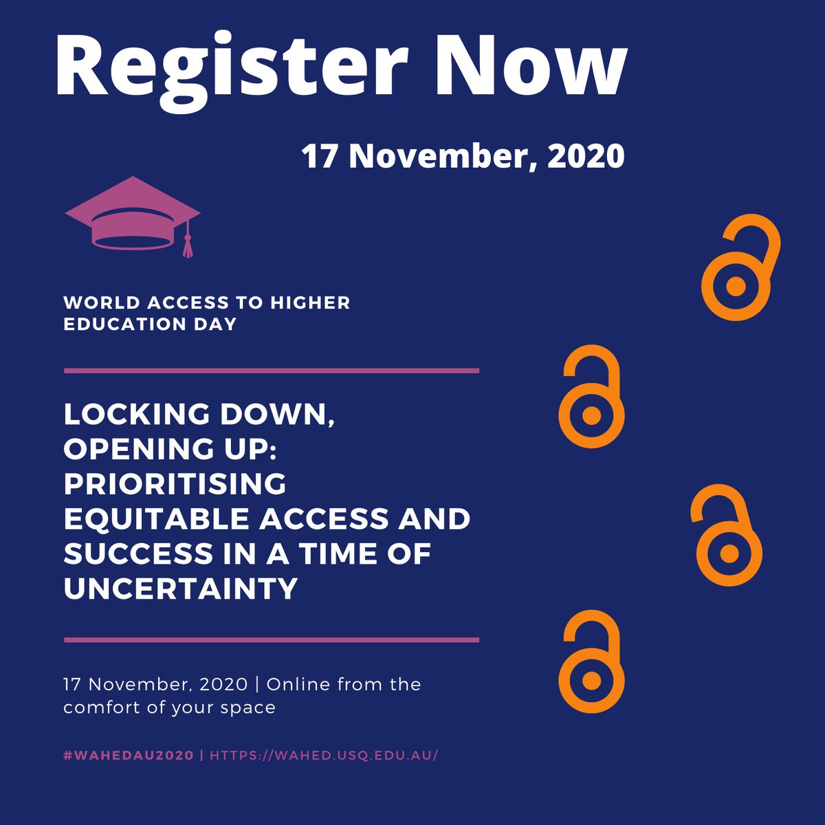 Tuesday, 17 November 2020, is World Access to Higher Education Day and you are invited to join us. 

Registrations for the free WAHED online event are now open - wahed.usq.edu.au/2020-session-s…