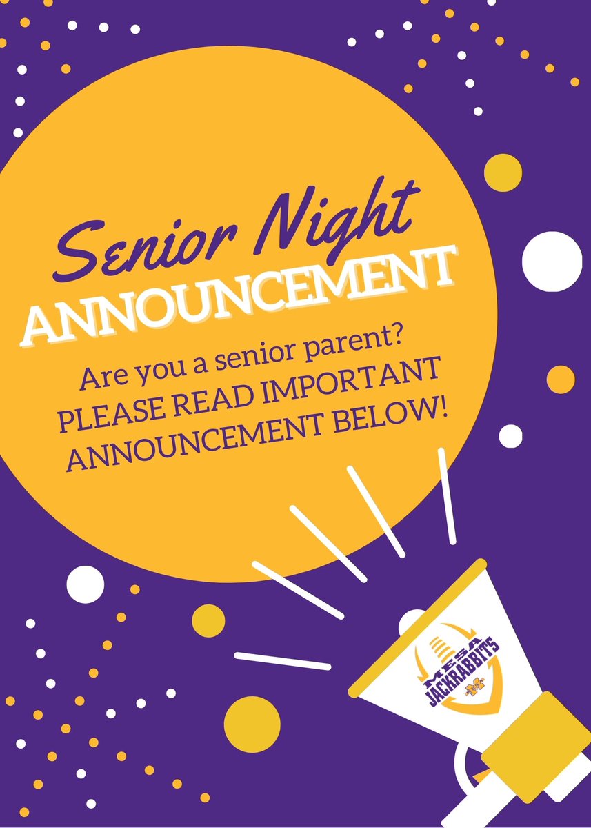 MesaTouchdown's tweet photo. CALLING ALL SENIOR JACKRABBIT FAMILY!

Seniors are allowed 2 guests to accompany them on the field for Senior Nte

I need the names for the Sr guests ASAP

Please email me @ mesatouchdownclub@gmail.com

TY SO much if u have already submitted guest names https://t.co/snOFpZfzGX