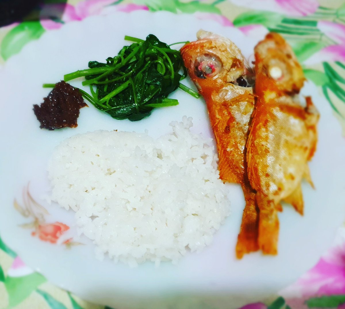 HungerTastePH's tweet photo. Fried fish and steamed kangkong with shrimp paste. 😋😊❤

#veggies 
#foodie 
#fishmenu 
#simplemeal 
#rice
#ricemeal
#kangkong
#quickrecipe
#HungerTastePH https://t.co/OyMg8rMoDN
