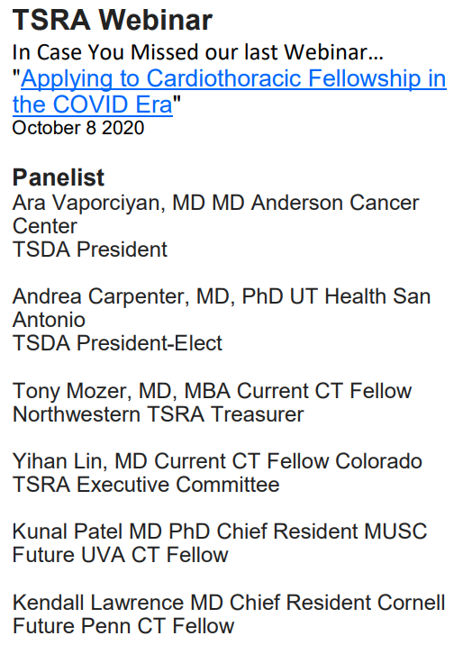 ebender001's tweet image. RT tssmn "RT @TSRA_official: /3 In Case You Missed our last Webinar on "Applying to Cardiothoracic Fellowship in the COVID Era" - catch up on the recording here!
youtube.com/watch?v=QErQFs…

Lots of useful insights and tips into the application and intervie… https://t.co/Y6fAlDPKzh"