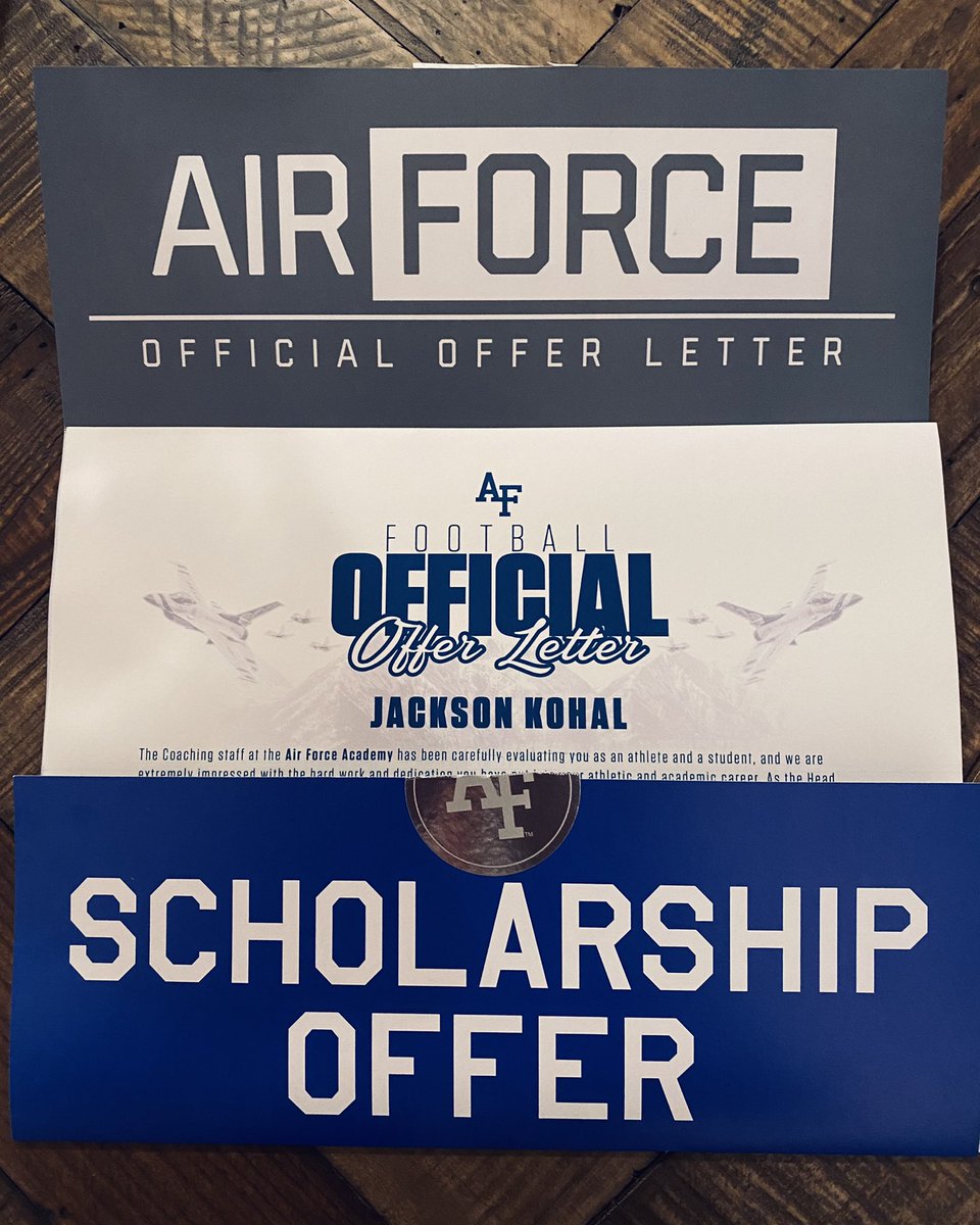 JacksonKohal's tweet photo. Excited to receive an offer to play football at the Air Force Academy. #humbled #blessed #football @Coach_Thiessen @cdaviksfootball @RareShowcase @CSAPrepStar @BrandonHuffman https://t.co/ibois4MOm5