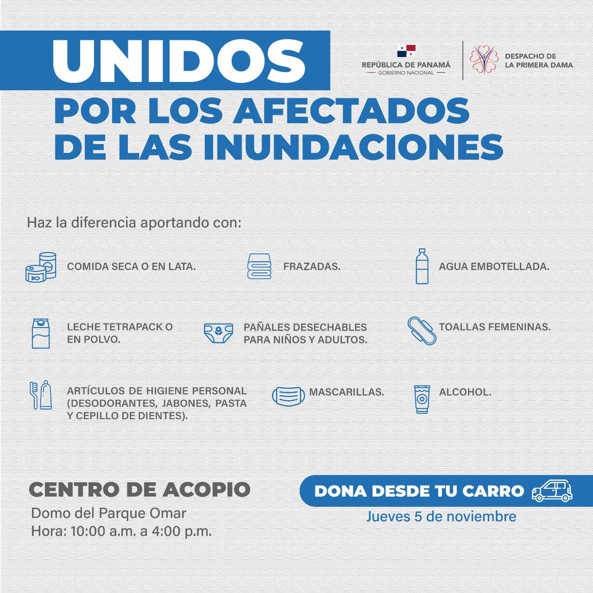 PrimeraDamaPma's tweet photo. A partir de mañana jueves, tendremos habilitado en el Domo del @ParqueOmarPma, un centro de acopio, para que también puedas brindar tu apoyo a las áreas que se han visto afectadas por las inundaciones. Podrás acercarte en un horario de 10:00am hasta las 4:00pm. #UnidosLoHacemos https://t.co/vN1F9Dovk8