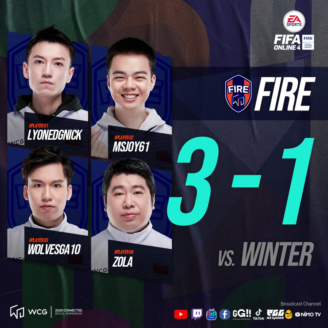 WCG_Contents's tweet photo. [WCG2020 GRAND FINAL: Day 1, Semifinals]

#FIFAonline4
Winter 1 : 3 Fire

#Lyonedgnick #Msjoy61 #Zola #Wolvesga10

Congratulations! Advance to Final!👏

#WCG #WORLDCYBERGAMES #WCGCONNECTED https://t.co/luy5SqpPNG