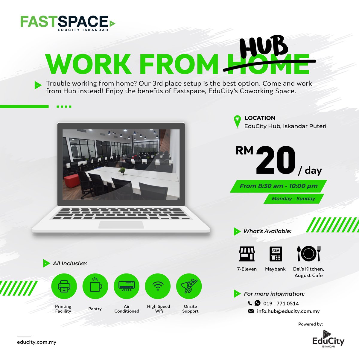 educityofficial's tweet photo. Trouble working from home? Our 3rd place setup is the best option. Come and work from Hub instead! Enjoy the benefits of FastSpace, EduCity's Coworking Space at RM20 per day. Book for your spot now!
#WFH #WorkFromHub #WorkFromHome #HotDesk #EduCityHub #IskandarPuteri https://t.co/giBxm5DPQ0