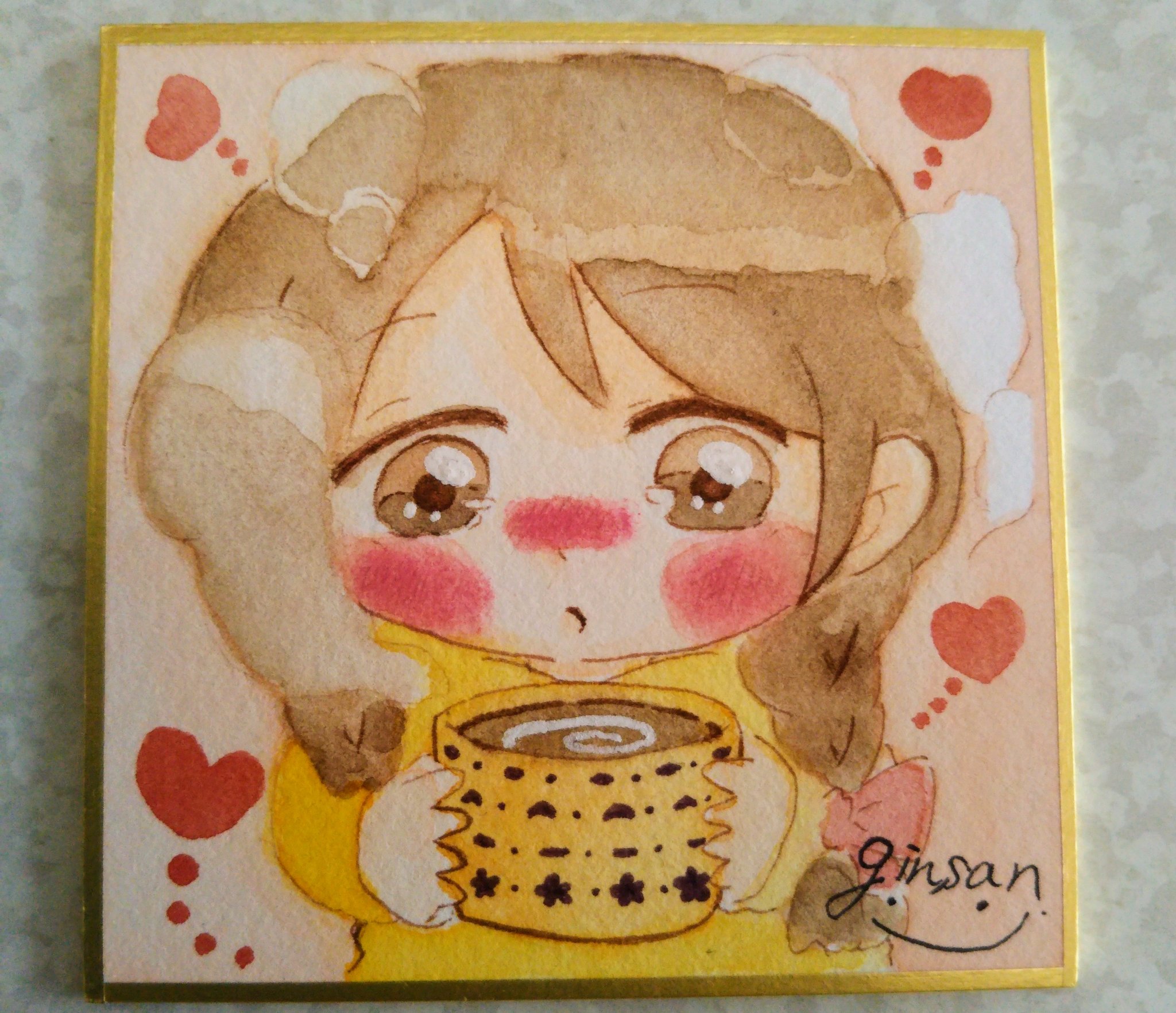 ぎんさん のんびりイラストレーター ホッとドリンク イラスト アナログイラスト ミニ色紙 ミニ原画 透明水彩 ホッと ホットドリンク かわいい 女の子 みつあみ ふーふー のんびり日和 T Co Gjwdzudsaw Twitter