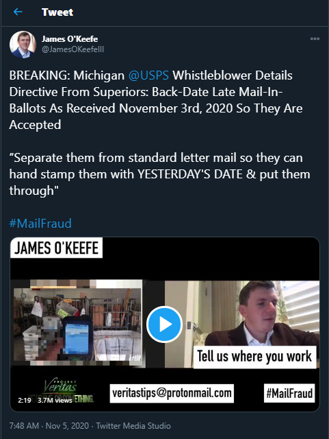 (39)Now, a sting operation on how mail in ballots were taken for a ride. Wah wah... https://twitter.com/JamesOKeefeIII/status/1324174186366074880