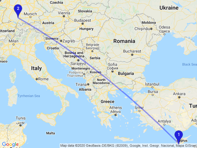 RandomDistance's tweet photo. The distance between Avdimou, Cyprus and Ummendorf, Germany is 2407km #Maps #GIS #Earth https://t.co/bBu48A6eYE