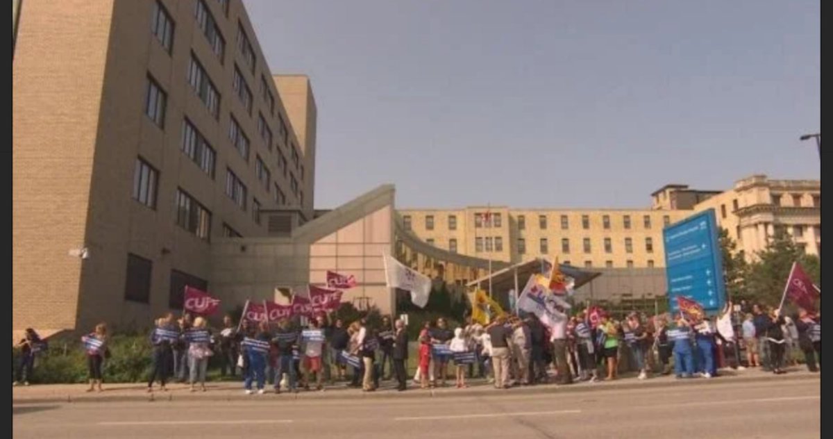 Support staff at St Boniface hospital protested the $86 million in cuts to the WRHA in 2017.All while health care workers across the province were under Pallister's unconstitutional wage freeze.