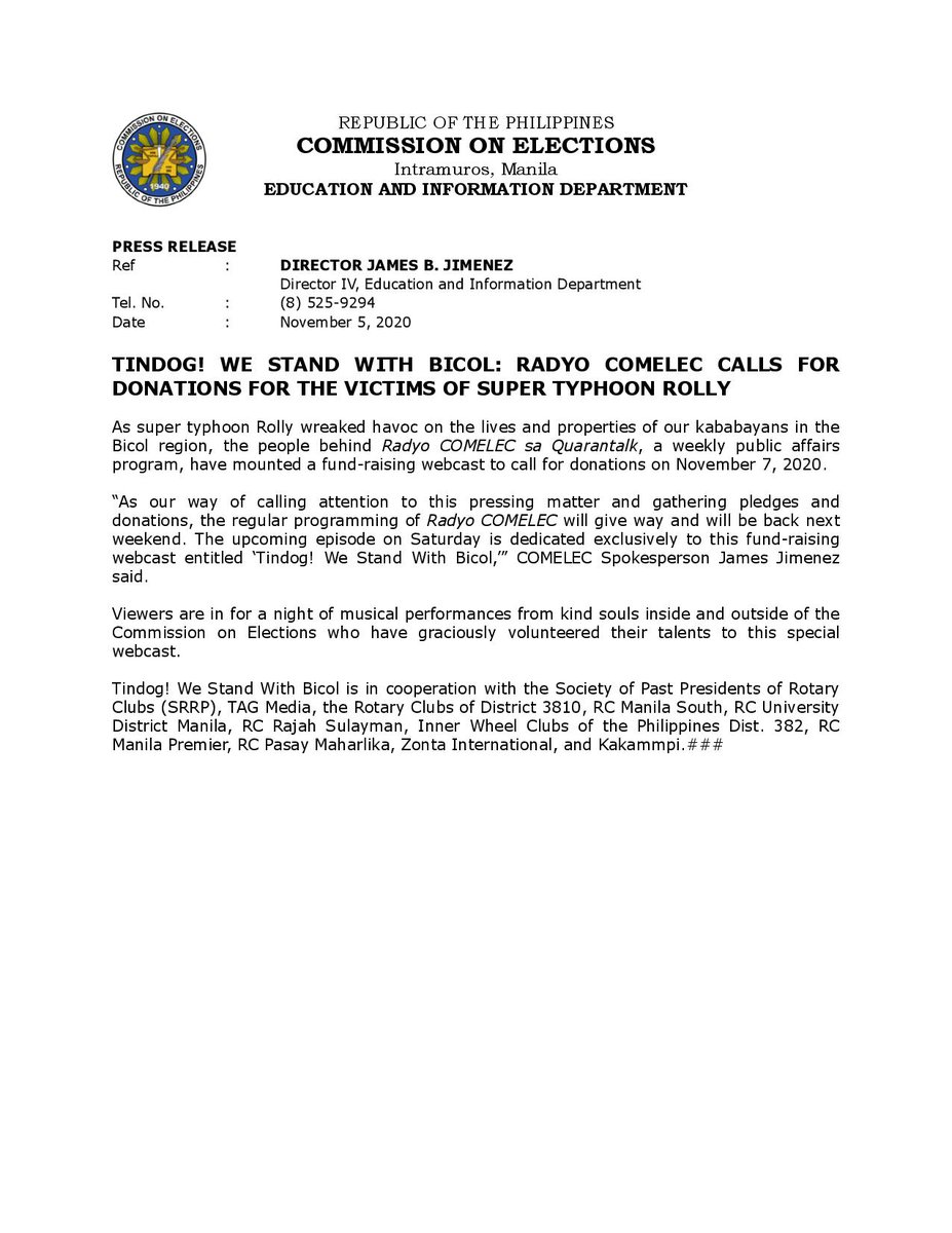 COMELEC's tweet photo. PRESS RELEASE: Tindog! We Stand With Bicol: Radyo COMELEC Calls for Donations for the Victims of Super Typhoon Rolly

@jabjimenez @dirfrancesarabe https://t.co/s0T7tK5fy6