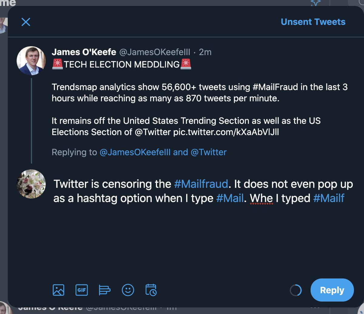 JunLaw2020's tweet photo. @JamesOKeefeIII @Twitter Twitter is censoring the #Mailfraud. It is not in the pop list as a hashtag option when I typed #Mail. When I typed #Mailf the list of options were totally gone...lol... https://t.co/HlV9gKhvmT