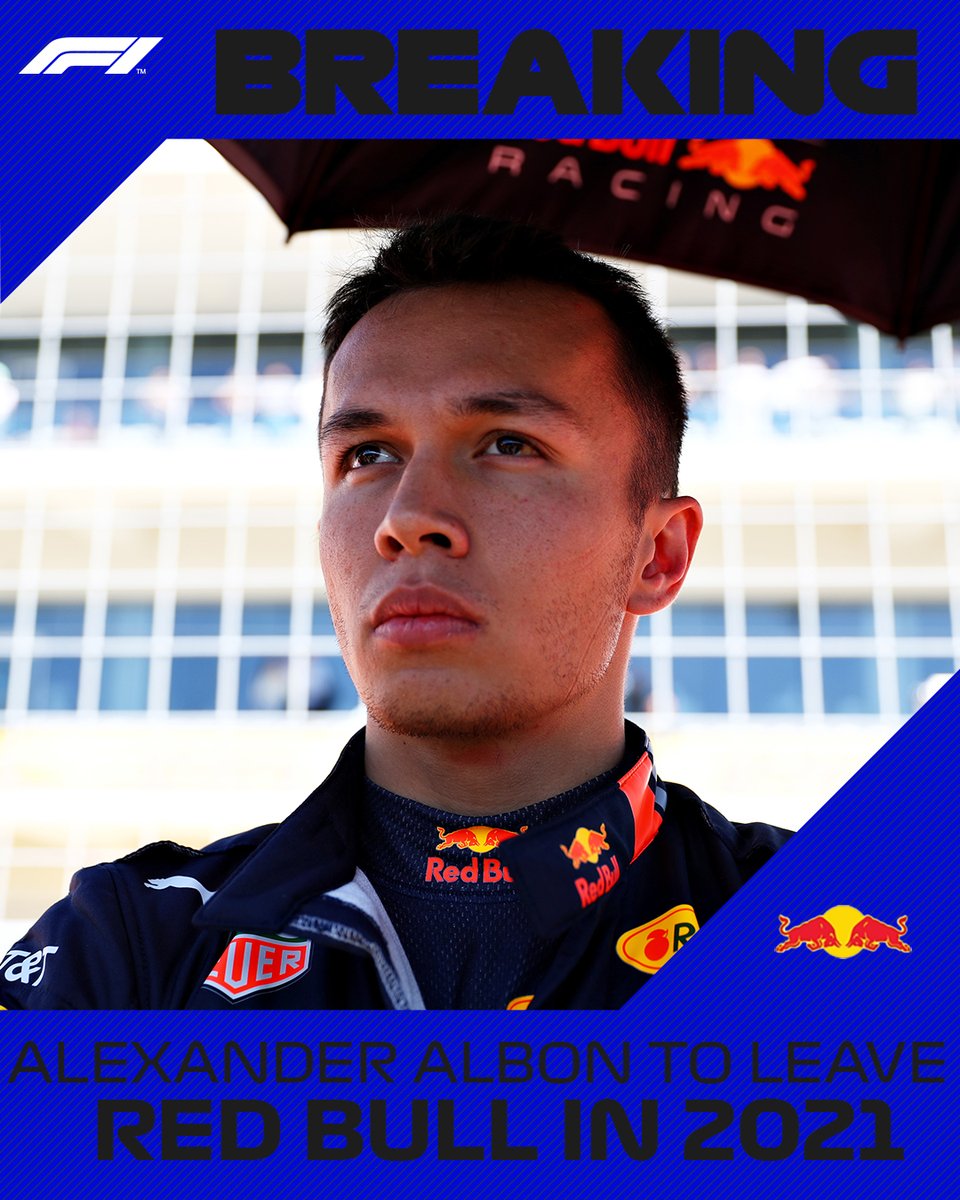 LibertyMediaF1's tweet photo. BREAKING: Albon to leave Red Bull after the 2020 season

#F1 https://t.co/Q8sKHNzJOA