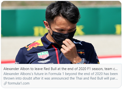 LibertyMediaF1's tweet photo. "The team have realised that there was no longer a common desire to stay together beyond the end of this season"

More on Albon's departure from Red Bull >> https://t.co/BsHcyCB2mq