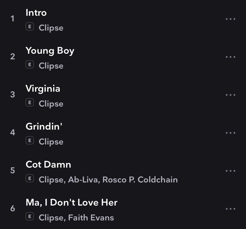 This stretch of 6 songs from Clipse’s “Lord Willin’” starts with the lyrics: “Playas we ain't the same, I'm into 'caine and guns”