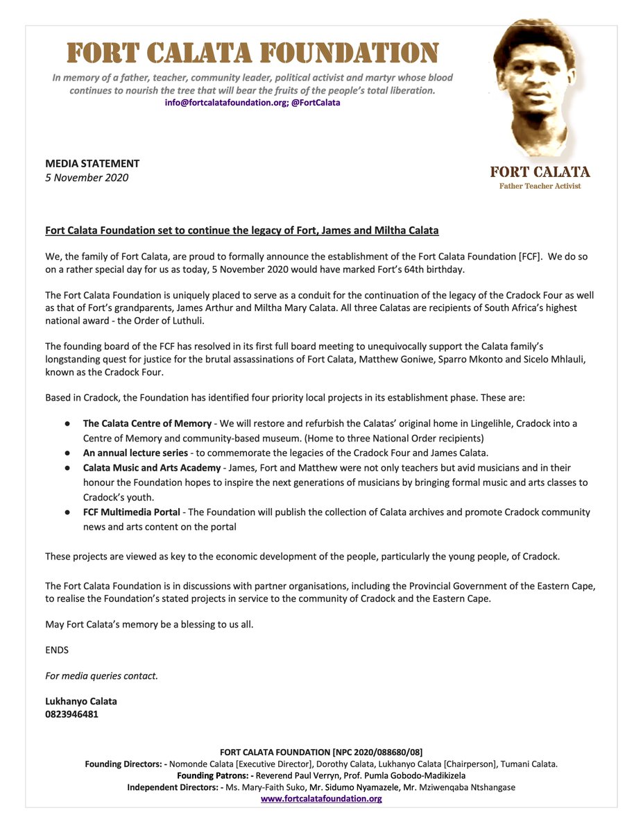 FortCalata's tweet photo. Welcome to the Fort Calata Foundation!
MEDIA STATEMENT #FortCalata #CradockFour #ProvinceofLegends https://t.co/FZU1WlBGwo