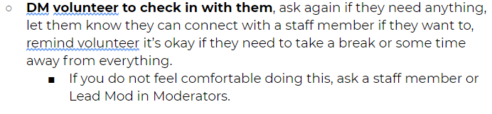 3.2 - the second is making really, really sure that the volunteer is okay and feels supported. People will feel like they HAVE to keep pushing and it's so important to let them know that they CAN pause, that they CAN breathe, that you see their humanity and care about them.