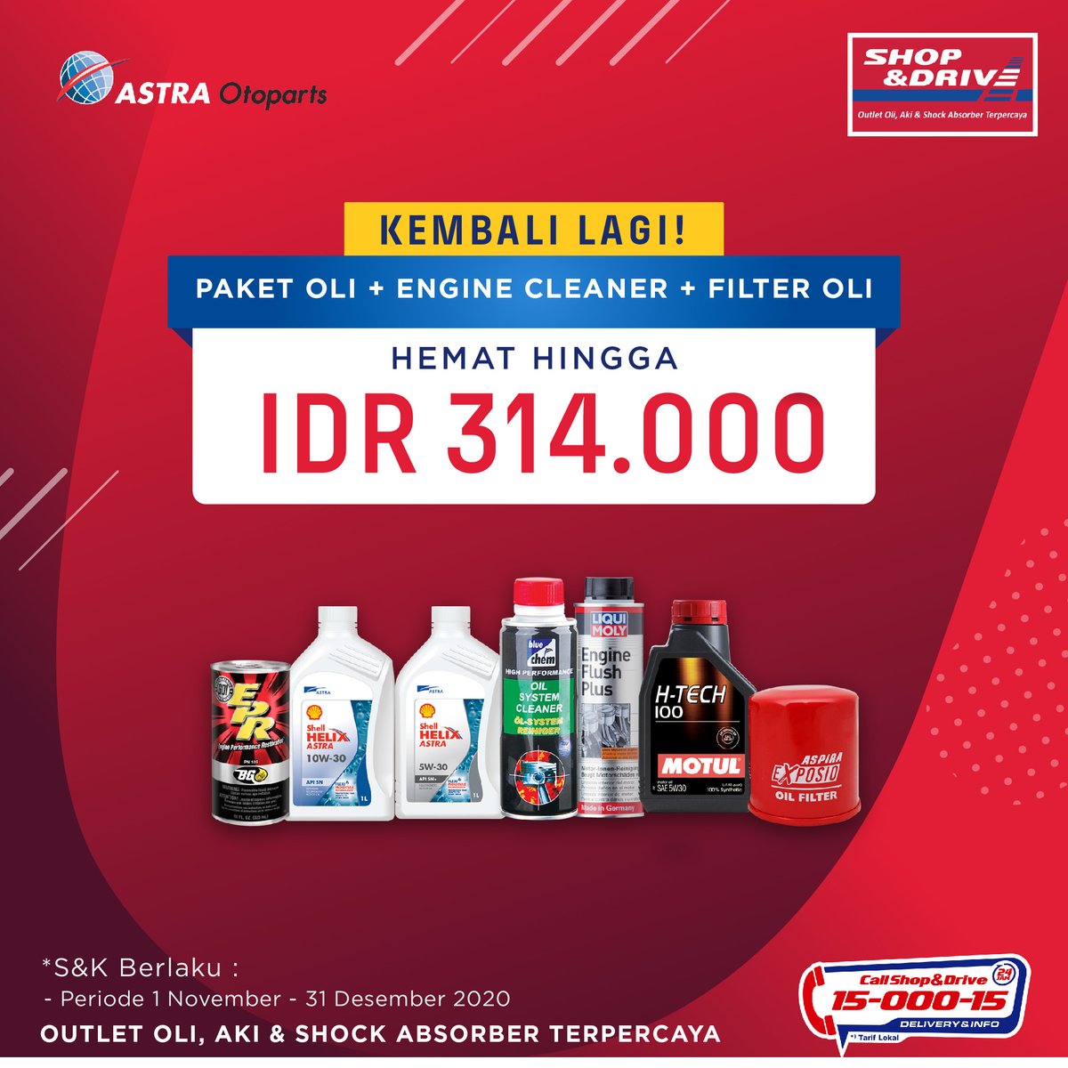shopanddrive's tweet photo. Kembali Lagi!!
Paket HEMAT Hingga Rp. 314.000, untuk Penggantian 4 liter Oli + Engine Cleaner + Filter Oli.
Info detail promo; https://t.co/L4qgobtYpk
s.d 31 Desember 2020.
#SnDPromo #GantiOli #PaketOli #OliMesin #ShellHelixAstra #Motul #shopanddrive #supershopanddrive https://t.co/w63NrBsKtK