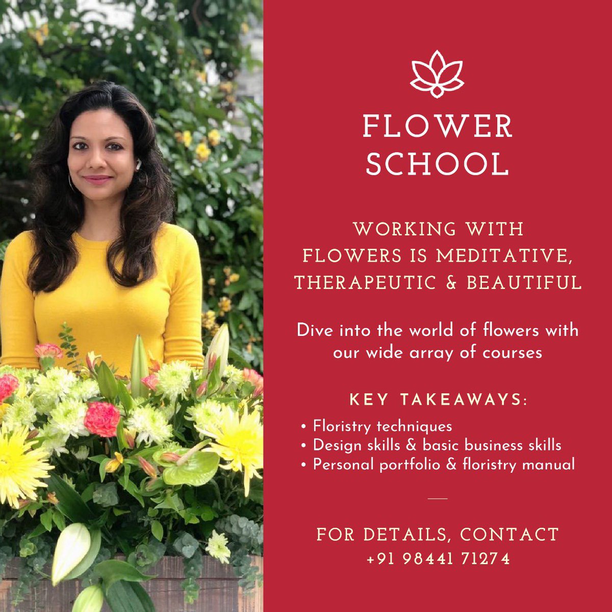 meghaaflowerbox's tweet photo. FLOWER SCHOOL✨

Working with flowers is meditative, therapeutic, and beautiful.
Dive into the world of flowers with our wide array of courses.

Key Takeaways:-
1- Floristry techniques
2-Personal portfolio and floristry manual.

For more details, contact - (+91)-9844171274 https://t.co/x8vCrTc3KF