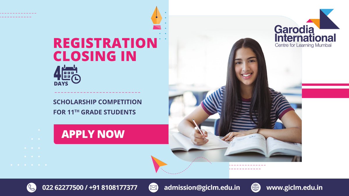 GICLM_'s tweet photo. ⏰ Only 4 days to go! ⏰
Apply now for Mumbai’s most prestigious Scholarship Competition for 11th-Grade.
Grab the once in a lifetime opportunity at one of India’s best International Schools, #GICLM.
Apply now: https://t.co/I97bEvyMW3
Contact: 022-62277500 / +91 8108177377 https://t.co/RryEvus5v2