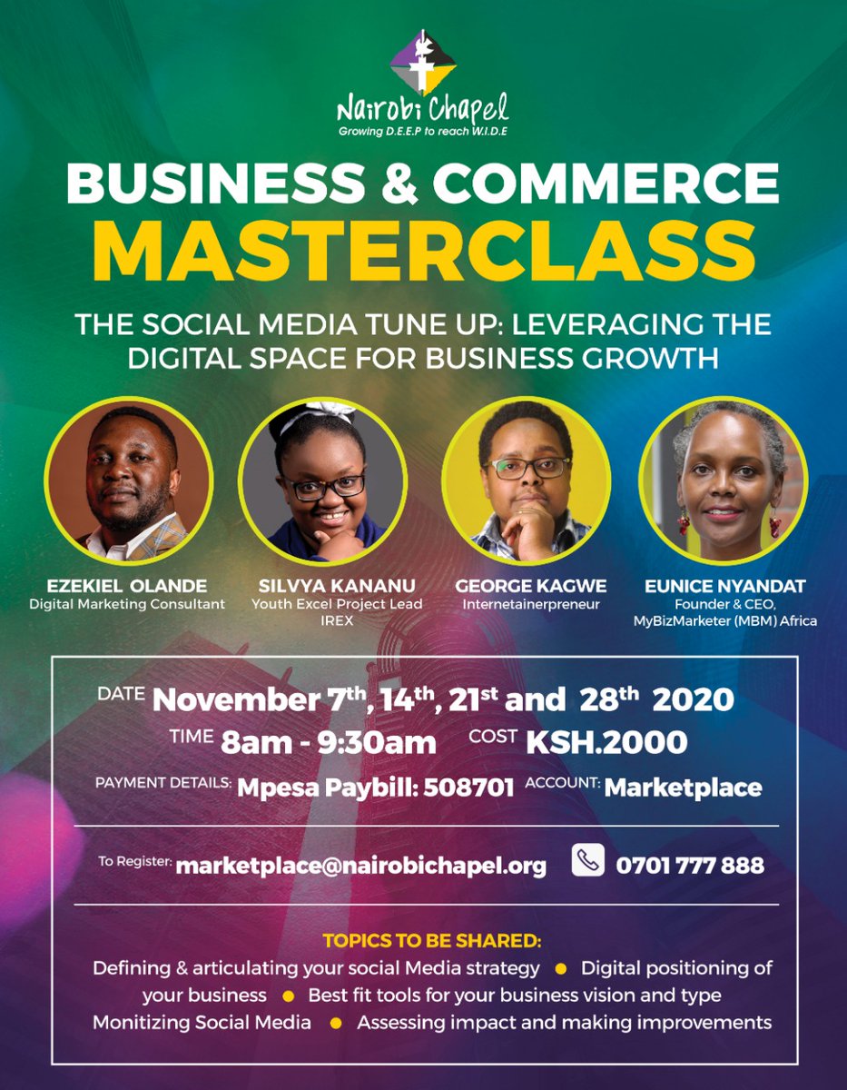NairobiChapel's tweet photo. Want to leverage the digital space for business growth?
Register now for the #DigitalMasterClass, your source for all things digital media & application of biblical principles to help you run your online business as God intends you to do!
#SocialMediaTuneUp
#MarketPlaceMinistry https://t.co/ZQlOZojXfX