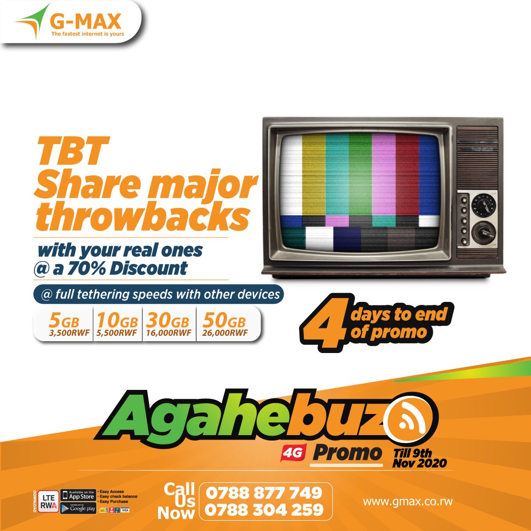 GMaxRwanda's tweet photo. Hard to forget such strong #memories you had with the #best people?
Share #nostalgic moments @ a 70% #discount with GMax #AgahebuzoPromo. 🤗

#Agahebuzo #4Gforall #4GBundlePacks #GMax https://t.co/s5HXk2aL4q