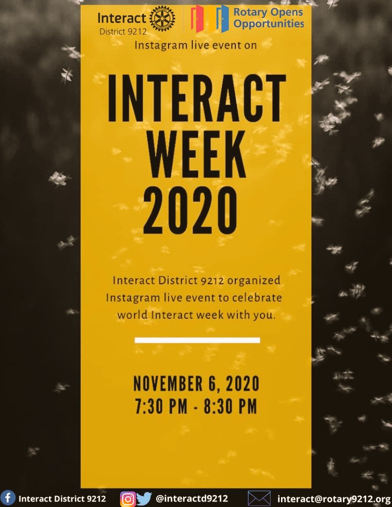 Hello World. It's #Interact Week! 😃

Join @interactd9212 @d9212_ @Rotaract_D9212 for an Instagram Live event tomorrow evening 7:30-8:30 pm (East Africa Time) as we celebrate #Interact Week with you! 🎉

#Rotary 
#Rotaract
#Interact
#GlobalFamily ❤️