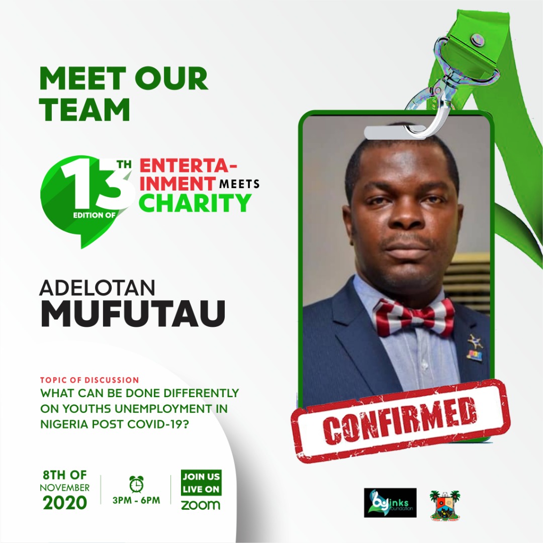 Byinks_charity's tweet photo. 3 Days to go!

BYINKS FOUNDATION cordially invites you to her 13th Edition of "Entertainment Meets Charity Event".

Theme: What can be done differently on Youths' Un-employment in Nigeria post Covid-19?

Date: 8th Nov. 2020.

To attend register at https://t.co/hceOln4INF

#Byinks https://t.co/KTelpRdjlW