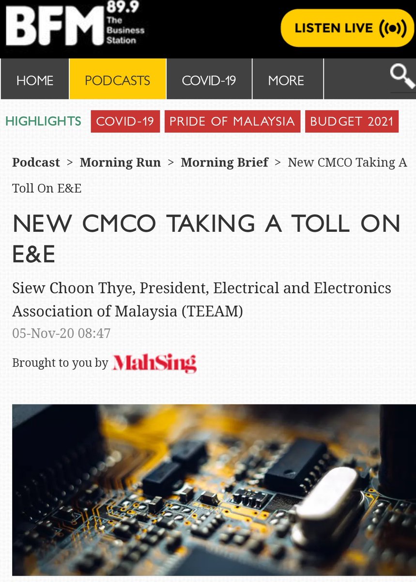 TEEAM_MY's tweet photo. Business Station 89.9 Interview with TEEAM President, Mr Siew Choon Thye - Run-up to Budget 2021.
#TEEAM #BUDGET2021 #BELANJAWAN2021 #ELECTRICALELECTRONICS
https://t.co/iVgLU9b3c7 https://t.co/tnxNrc4gIO