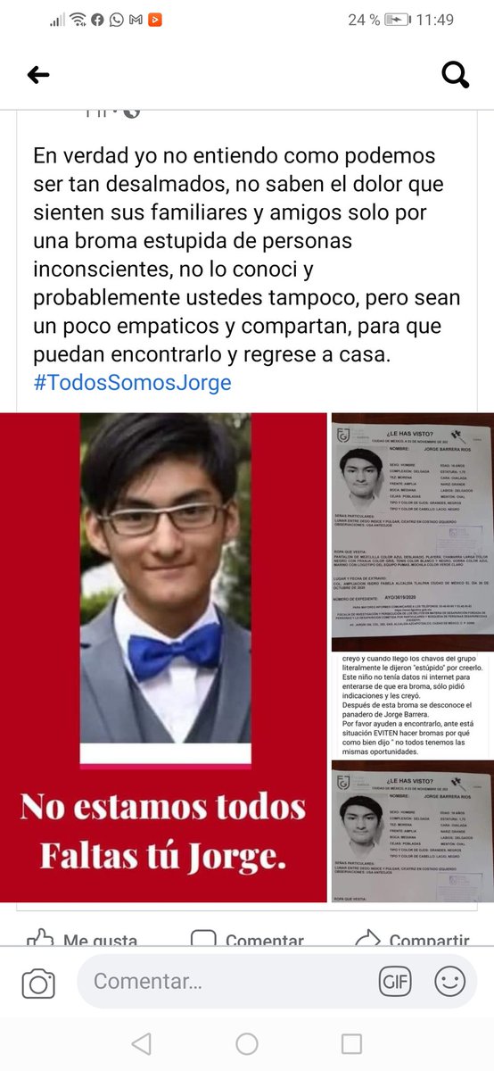 Bae86590216's tweet photo. Increíble que la gente se aproveche de personas humildes, hoy por hoy Jorge se encuentra desaparecido gracias a la pésima broma de estás personas entre otras, ayuden a compartir para difundir y se haga tendencia. 

#EnLaUnamNosFaltaJorge 
#TodosSomosJorge https://t.co/EiYoHAAU2b