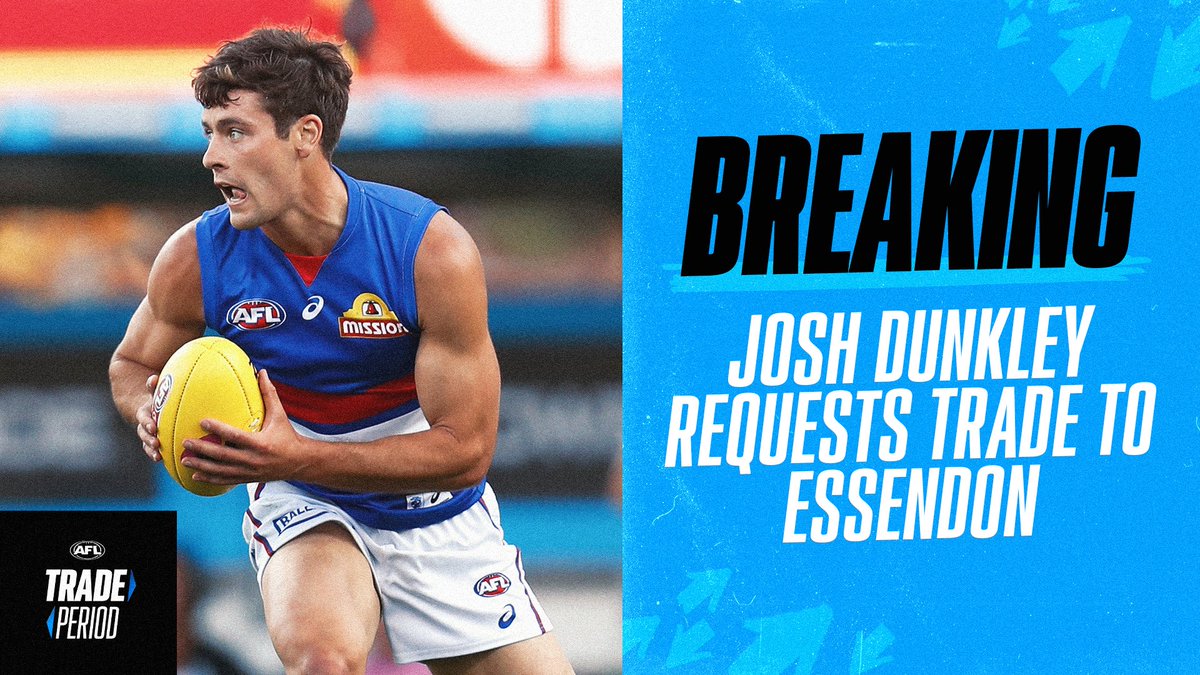 AFL's tweet photo. It's official. Josh Dunkley has requested a trade to @essendonfc.

Stay up to date with all the latest #AFLTrade news in Trade Talk: https://t.co/1QRXBMX2oA https://t.co/D06JLXUb3Y