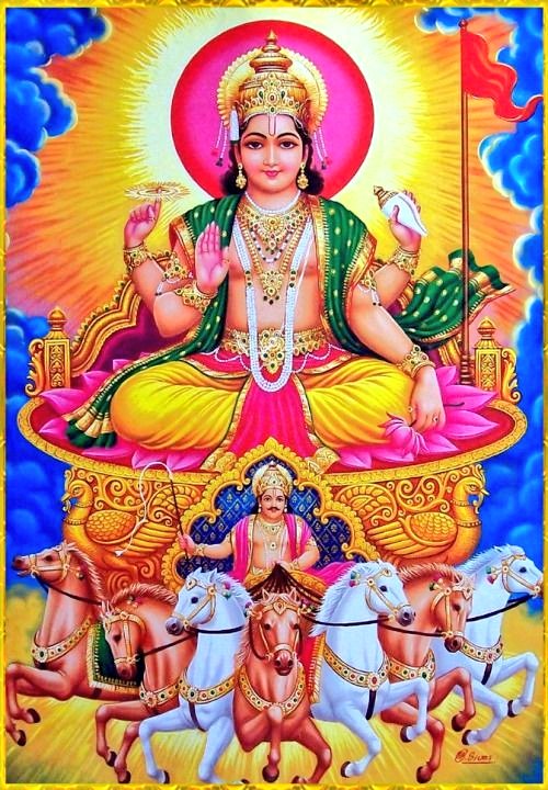 The chariot of Surya Dev is pulled by 7 horses, hence he is also known as "Saptashva".- Gayatri- Samvrihati- Ushnik- Jagati- Trishtubh- Anushtubh- Pankti