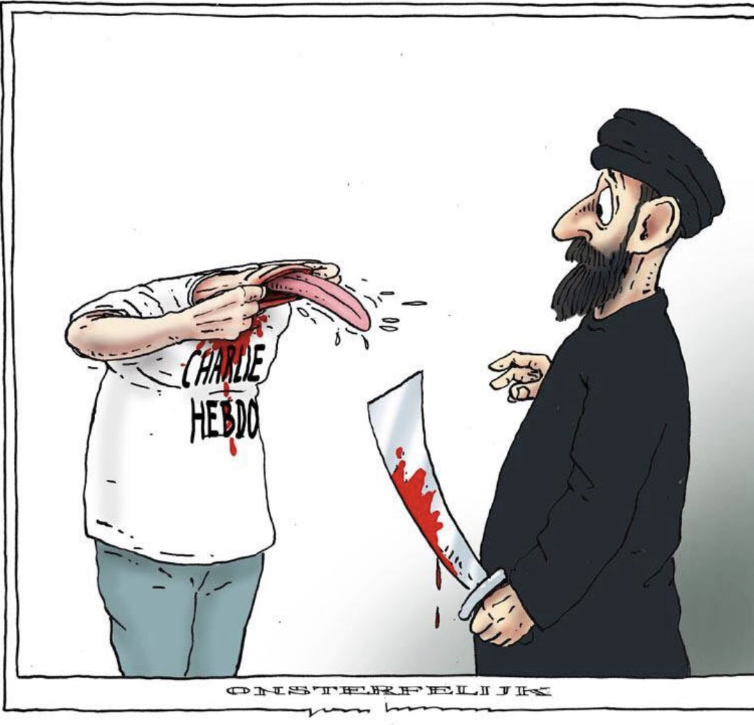 MarjonneMaan's tweet photo. Er zit in Nederland nu een docent thuis vanwege bedreigingen omdat hij deze cartoon in zijn lokaal had hangen. De verontwaardiging mag hier wel wat groter over zijn. Docenten hebben steun en vertrouwen nodig vanuit politiek en samenleving. https://t.co/cPwFljbzwa