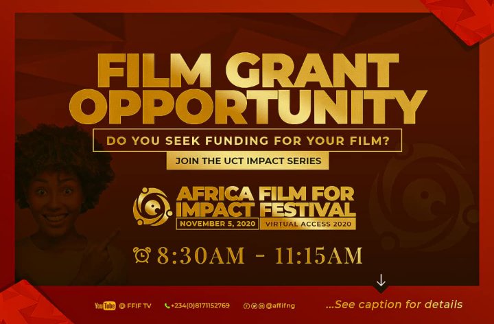 affifnigeria's tweet photo. FILM GRANT OPPORTUNITY

Do you seek funding for your film?

Join the University Of Capetown (UCT) South Africa Impact Series 
Wednesday Nov. 5, 2020.
Time: 8:30am-11:15am

To join CLICK HERE:
https://t.co/tK3DQ6yUJN

It's time Get your film funded. https://t.co/50gOlfHNEF