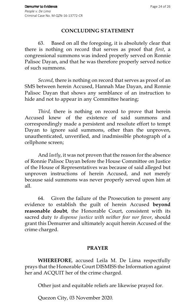 mikenavallo's tweet photo. After moving to post bail in 2 of her 3 drugs cases, detained Sen Leila de Lima now moves to junk, due to insufficiency of evidence, the disobedience to summons case in QC court. She filed demurrer to evidence on Nov 3, saying prosecution failed to prove her guilt. https://t.co/oMBJgnrg3q
