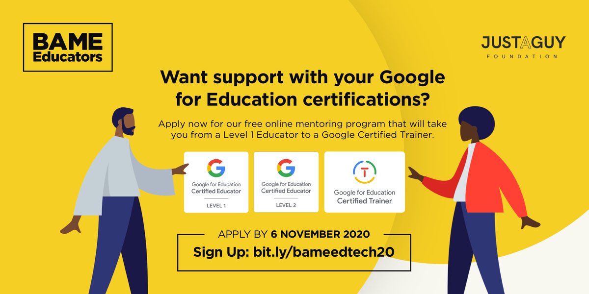 justaguy_LT's tweet photo. Make sure you get your application in by 6th Nov for our free #BAME #edtech mentoring program to support you on your Google certification journey. Share with your colleagues and your #PLN.
Apply here - https://t.co/vRLN5gUnsD
#GoogleEdu #DiverseEd #BAMEedTech #GoogleET https://t.co/jJqts0OAuG